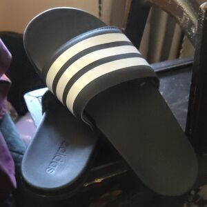 Adidas Black & White Strip Slides - 9